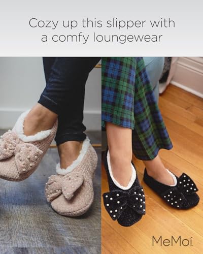 Image of MeMoi Women's Precious Pearls Chenille Bow Accent Sherpa-Lined Slippers