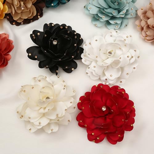 Image of Elegant Large Rose Flower Brooches Lapel Pins Handmade Dainty Satin Fabric Pearl Brooches Big Camellia Flower Brooch Pin for Women Wedding Part Dance Dress Suit Clothes Accessories Prom Jewelry