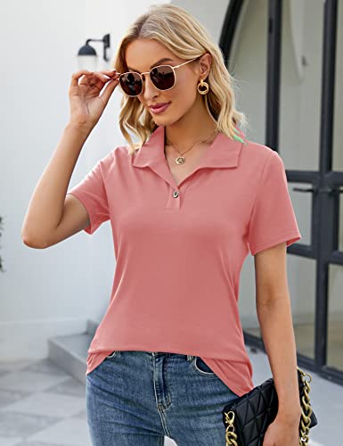 Ivicoer Short Sleeve Button Up Shirts For Women Plus Size Stretch Polo Tops Ladies Slim Fit Tunics Blouses Coral Pink Xxl #TOP1