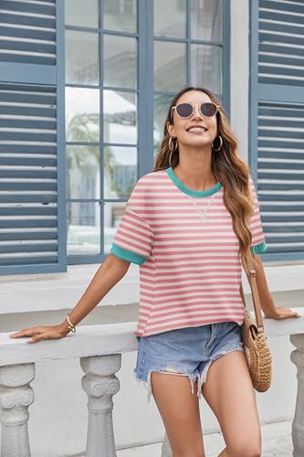Zeagoo Womens Tops Casual Oversized Short Sleeve Sweatshirt Summer Striped Shirt Crewneck Pullover Loose T Shirts Blouse3
