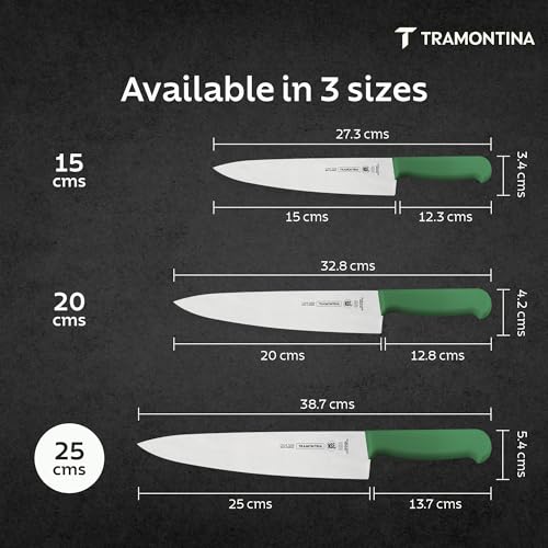 Image of TRAMONTINA Professional Chef Knife 20 cm | Sub-Zero Treated Stainless Steel Blade | Antimicrobial Polypropylene Handle | Heavy-Duty Meat Cutting & Butcher Knife | Green
