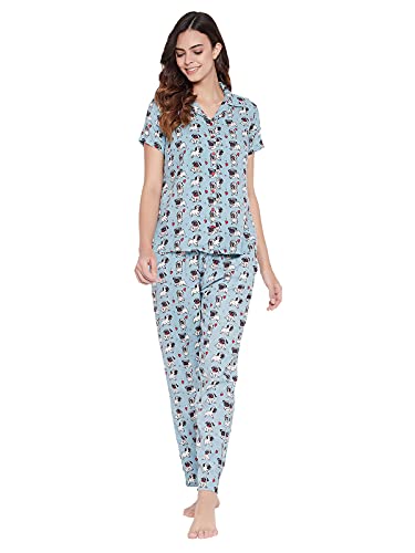 Image of Clovia Women's Crepe Print Me Pretty Button Me Up Sleep Shirt & Pyjama Set