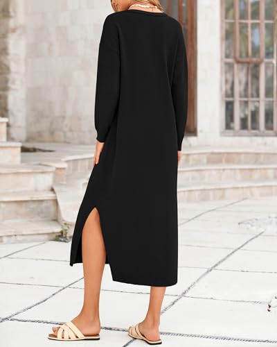 BTFBM Womens Fall Fashion 2025 Sweater Dress Casual V Neck Long Sleeve Slit Knit Oversized Sweaters Winter Maxi Dresses4