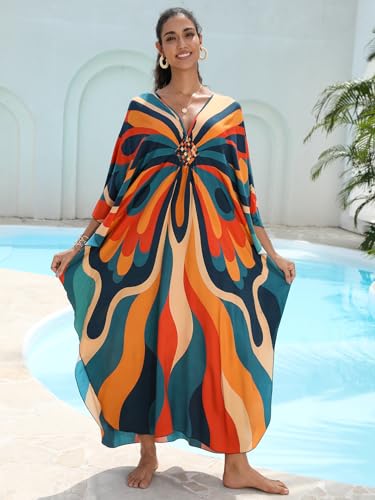 Image of IMAGEKOPE Women's Plus Size Animal Print V-Neck Batwing Kaftan Beach Dress Bathing Suit Cover-Up Loungewear