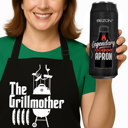 BEZON Funny Grill Apron for Men – Beer Can Style Packaging – Heavy-Duty Water-Resistant Cotton Canvas – The Grillmother