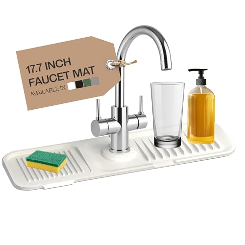 17 Inch Silicone Faucet Mat for Kitchen Sink Splash Guard & Draining Tray Sink Protector with Soap & Sponge Holder White (Purest Peak)