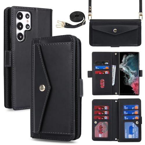 Jaorty for Samsung Galaxy S22 Ultra Wallet Case with Crossbody Lanyard Strap,Galaxy S22 Ultra Flip PU Leather Phone Case Purse Cover for Women Men with 9 Card Slots,Cash Coin Pocket 6.8 inch,Black