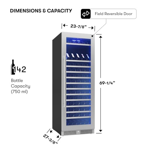 Image of Zephyr Presrv 24 Inch Wine Fridge Full Size Single Zone - Tall Wine Cooler Cellars Large Cabinet Wine Refrigerator Home Bar Chiller Freestanding with Glass Door for 148 bottles 750ml