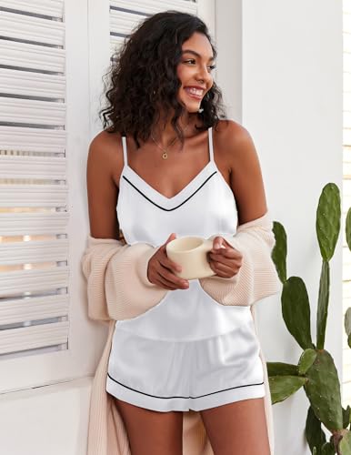 Image of Ekouaer Pajamas for Women Set Silk Satin Pjs Sexy Lingerie Sleepwear Cami Shorts Set Summer Nightwear S-XXL