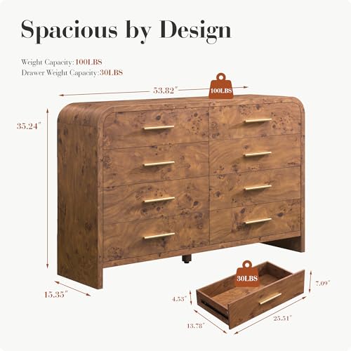 Image of Curved 8-Drawer Dresser for Bedroom, 53.82 inch Wide Modern Chest of Drawers, Vanity Desk TV Stand for Living Room, Closet Storage Drawers Organizer Furniture, Nursery, Hallway, Dark Burl