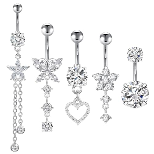 5pcs 14G Piercing Ombligo 316L Acero Quirúrgico Ombligo Anillos 14G CZ Corazón Piercing Ombligo Aro para Mujeres Niñas Curvados Banana Vientre Barretta Piercing Ombligo Joyería - Plata