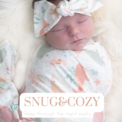 Image of Newborn Swaddle Sets with Headband Beanie and a Name Card Baby Snug Wrap Receiving Blanket for Baby Boys Girls (Pink Ocean Fish)