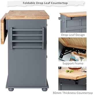 Finnhomy Rolling Kitchen Island With Drop Leaf, Thicken Rubberwood Top, Spice Rack, Towel Rack, Drawer, 43.3" Portable Mobile Kitchen Island Carts Table, Storage Cabinet, Both Wheels and Feet Included