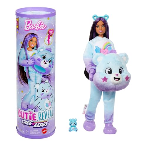Barbie Cutie Reveal Care Bears Série 2 Dream Bright Bear boneca e acessórios com 10 surpresas, inclui mudança de cor e um ursinho em miniatura, JFV61