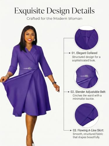 Image of Elainone Women 3 /4 Sleeve Casual Swing Flared A Line Dress Wedding Guest Semi Formal Office Work Dresses with Belt