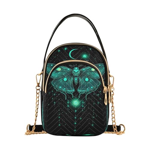 Luna Moth with Moon Women Trendy Quilted Crossbody Bag Sling Bags Handbags with Chain Strap Travel Cross Body Cell Phone Purses Bags