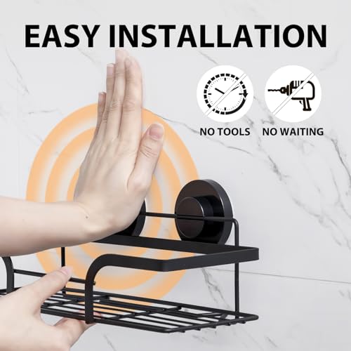 Image of LEVERLOC Shower Caddy Suction Cup, 2 Pack Shower Shelves for Inside, Black Rustproof Metal Bathroom Storage NO-Drilling Bathroom Organizer with Large Capacity, Heavy Duty Storage Basket