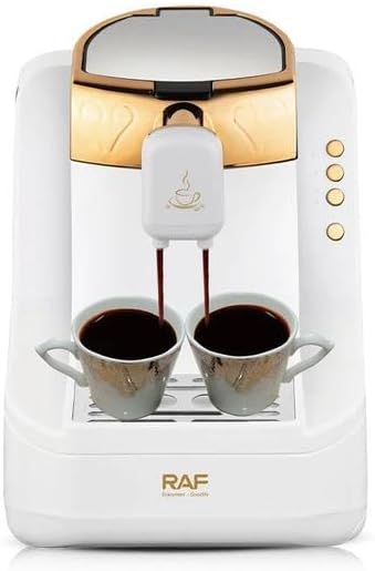 White RAF R.111 Turkish Coffee Maker actively brewing and dispensing coffee into two small cups.