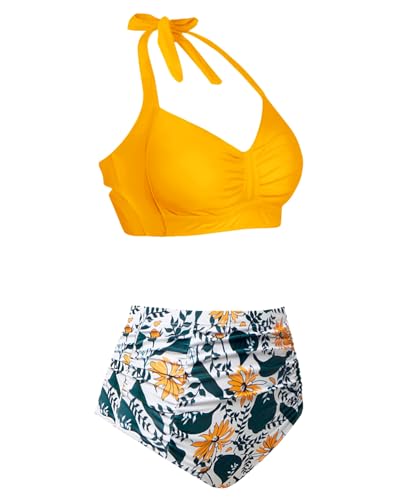 Image of Holipick Women High Waisted Bikini Set Two Piece Swimsuit Tummy Control Bathing Suit Vintage Halter Swimwear