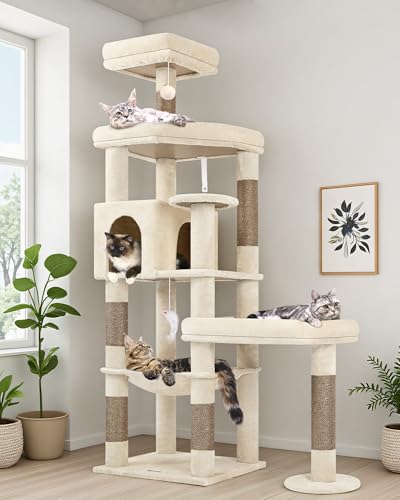 Globlazer Tiragraffi Beige per Gatti Grandi Alto 165cm con 2 Grandi Imbottiti Piattaforma 48*42CM, Extralarge Amaca, Grotte, Trespoli, Albero Torre Stabile con Supporto per Grande Gatto (S65, Beige)