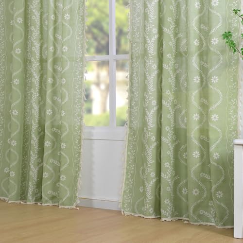 Image of Schweek Boho Curtains 63 Inches Length 2 Panels for Living Room Sage Green | Linen Semi Sheer, Vintage Floral Bohemian Tassel Western Farmhouse Curtain Drapes for Bedroom, Dining Room, Kitchen 52 inchx 63 inch