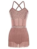 RUNQHUI Femme Justaucorps Gymnastique Frangé Strass Body Patinage Artistique Tenue Danse Latine Costume Spectacle Rose poussiéreux M
