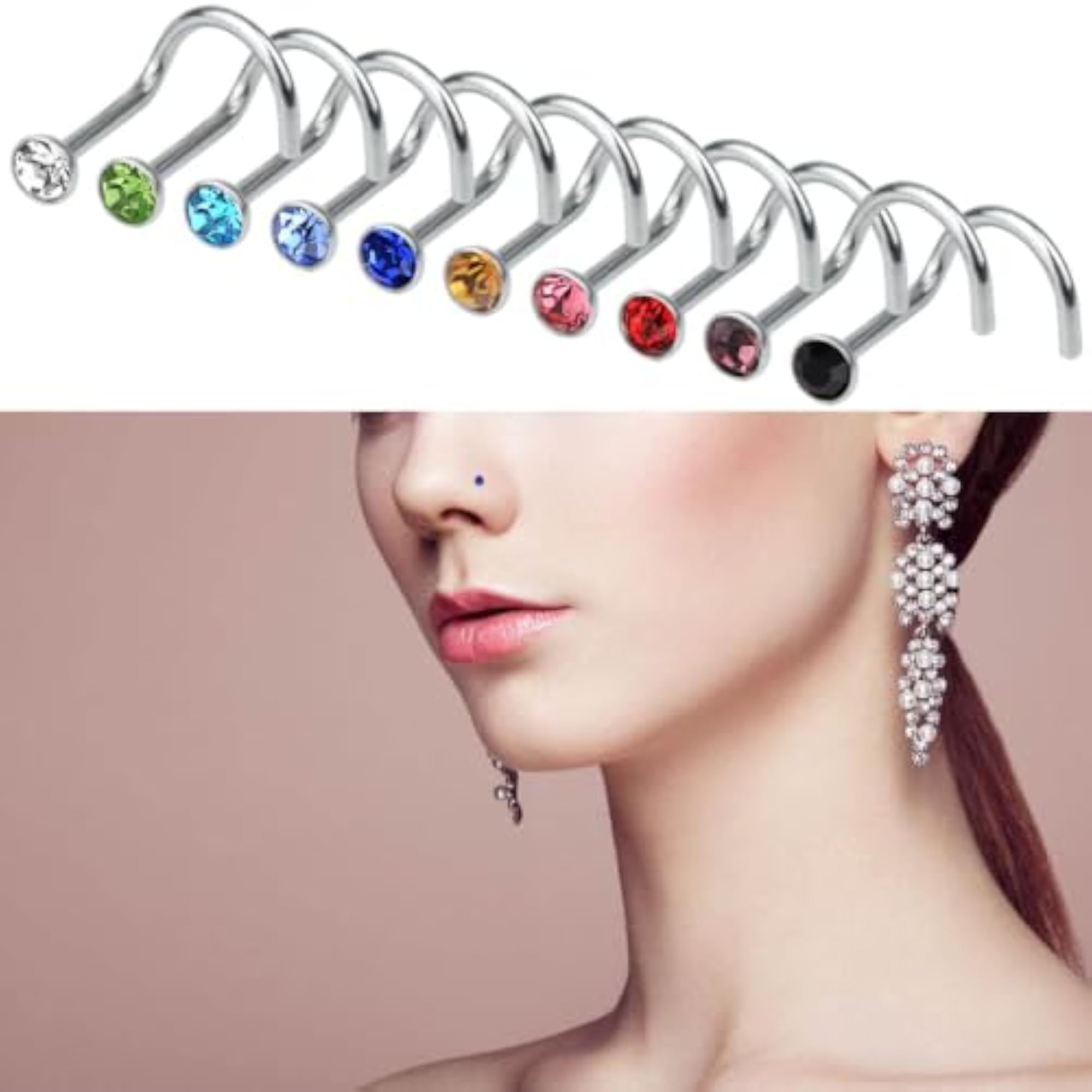 20pcs Rhinestone Steel Nose Studs Set, Colourful