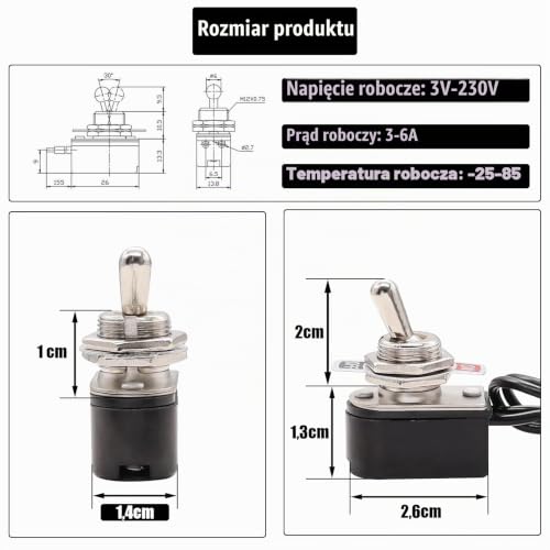 Powice MiniBoot przełącznik dźwigienkowy 12 V z okablowaniem, 2-biegunowy przełącznik 12 V, 6 A120 V/3 A230 V, nadaje się do montażu w domach, samochodach i urządzeniach elektrycznych