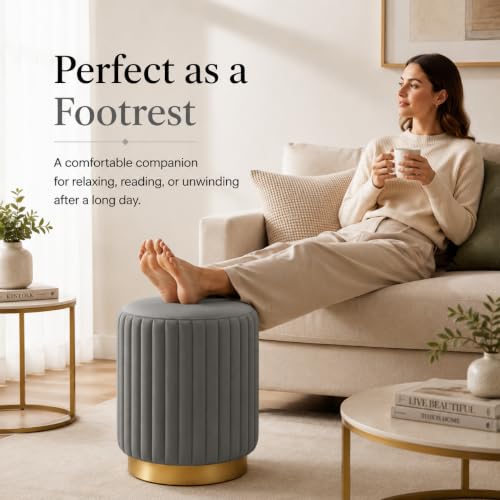 Image of Designer Velvet Round Footstool Ottoman with Sturdy Gold Metal Band Base for Home Decor & Extra Seating, Lightweight Pouf Stool for Sofa Side & Bedroom, 16x16x17 Inch (Grey)