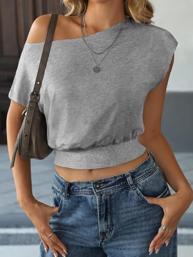 Image of SOFIA'S CHOICE Women's Off The Shoulder T Shirt Crop Top Casual Summer Dolman Sleeve Asymmetrical Cinched Waist Tops