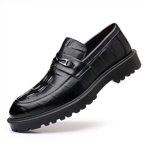 Men's Classic Leather Print Chunky Low Heel Loafers Retro Round Toe Comfortable Lightweight Lug Sole Platform Anti-Slip Low-Top Slip-Ons Business Dress Shoes for Office Party Walking Formal