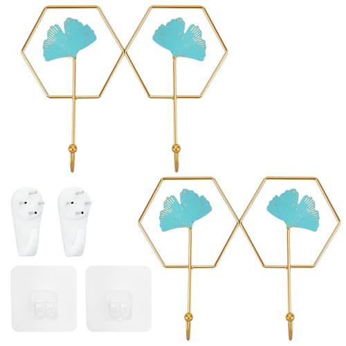 DIYJEP 2 Piezas Percheros Pared con 2 Ganchos, Ganchos de Pared de Hierro Pintado con Hojas Decorativas, colgador pared de Metal Verde Dorado, Ganchos para Abrigos Para Colgar Abrigos Gorros Bufandas