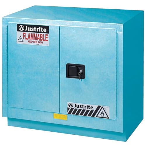 Image of Justrite Acid Corrosive Storage Cabinet - 23 Gallon 2 Door Self Close Chemical Storage Cabinet with ChemCor Coating - 22 inch x 36 inch x 36 inch - Made in The USA - Light Blue - 8837222