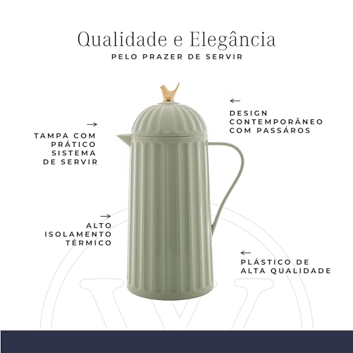 WOLFF Garrafa Térmica de Plástico Bird Menta 1L - Enxoval - Organização - Decoração - Cozinha - Mesa