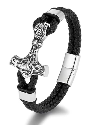 Viking Thors Hammer Mens Bracelet, 14K Black/White Gold Plated Braided Leather Cuff, 316L Stainless Steel Jewelry for Father Husband Son Friend