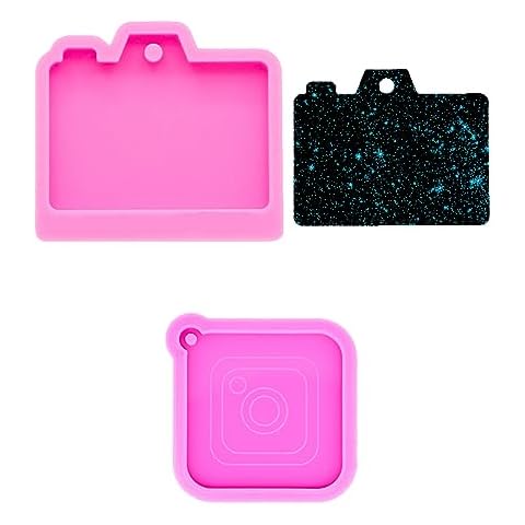 2 Pcs Glossy Shiny Square Camera Shape Logo Keychain Silicone Mold with Hole for DIY Candy Epoxy Craft Decoration Necklace Pendant Trinket Desserts Fondant Mold Luggage Tag Earrings Crystal Cover