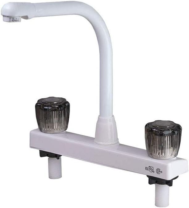 ToughGrade Hi-Rise RV Kitchen Faucet - White Finish - Smoked Acrylic Knobs - Motorhome, 5th (Fifth) Wheel, travel trailer replacement faucet