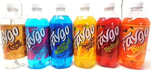 Faygo Variety 6 Pack 20 oz Bottles (1 Cotton Candy, 1 Blue Raspberry, 1 Red Pop, 1 Vanilla Cream, 1 Pineapple, 1 Peach)