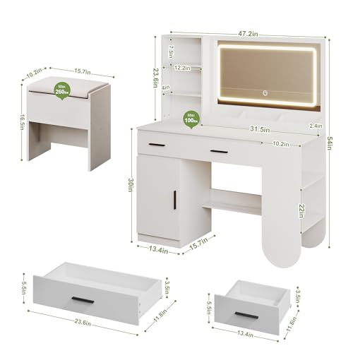 Image of 47'' Wood Vanity Desk with Mirror and Lights, Makeup Girls Vanity Set with 2 Drawers, 2 Storage Shelves & 1 Cabinet, Power Outlet, Stool, Furniture Clearance Outlet Dressing Table for Bedroom, White