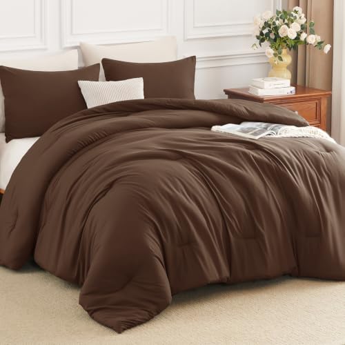 Image of HIMEET King Size Comforter Set, 3 Piece 104 inchx90 inch with 2 Pillowcases, Brown | 270GSM Down Alternative Fill, Oeko-TEX Certified, 8 Corner Ties Quilted, All Season, Fluffy Bed Set, Bedroom Decor Bedding