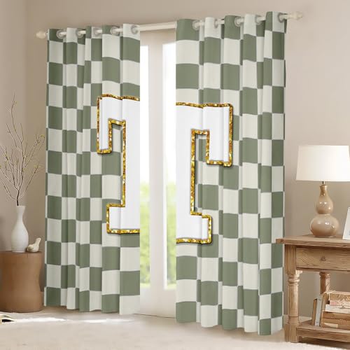 Image of Erosebridal Sage Green Checkered Window Curtains 38 inch Wx54 L Plaid Initial T Blackout Curtains for Bedroom Living Room,Personalized Monogram Window Treatments Grids Gingham Drapes Decor 2 Panels