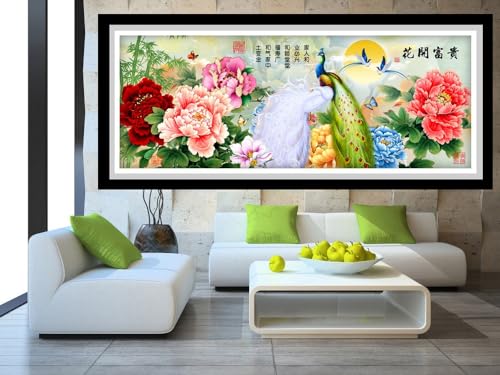 Decoración del hogar con pintura de diamante de peonía china y pavo real, kit DIY de 30x60 cm