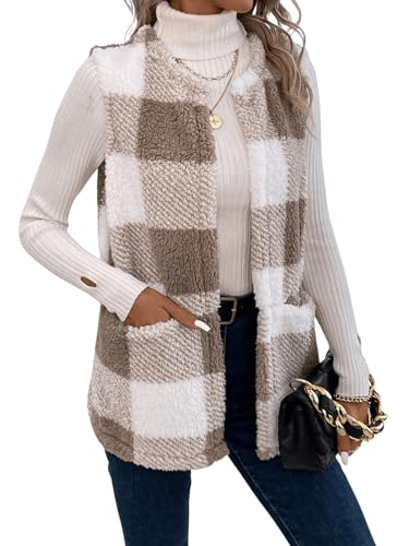 GORGLITTER Women's Plaid Teddy Vest Coat Sleeveless Open Front Long Vest Pockets Fuzzy Outerwear