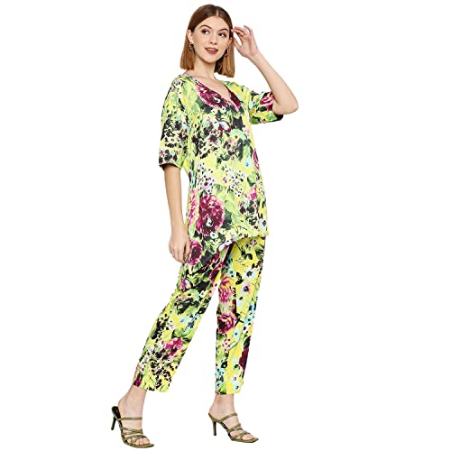 Image of CLOTH HAUS INDIA Women's || Yellow Floral Printed || Modal Material || Short Top for Women || V-Neck || Top for Women || Half Sleeves