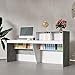 FAMAPY Reception Desk with Shelves, Modern Reception Table with Storage, Front Counter Checkout Table Retail Counter for Lobby Shop, White and Grey, 23.6”D x 86.6”W x 43.3”H