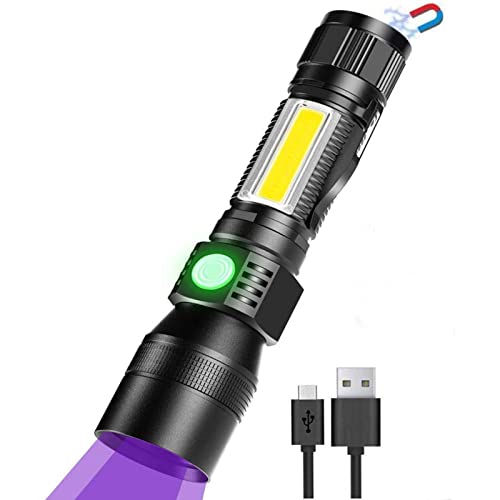 Fay Bless Super Bright 1800 Lumen Flashlight, USB Rechargeable 395nm UV Light Torch with Magnet Base for Camping Hiking (Blacklight-7Modes-1Piece-with Battery)