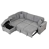 LUMISOL 87' Convertible Sleeper Sofa with Storage Ottoman, Pull Out Sofa Bed with Cup Holders & Charging Stations, L-Shaped Sectional Couch with Chaise for Living Room, Gray