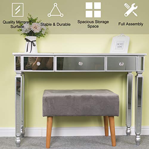 Henf Mirrored Console Table, Coast Mirrored Desk, Makeup Desk Vanity Dressing Table For Women With 3 Drawers Silver At Hallway Or Bedroom, Side Table 42''L X 15''W X 30''H #TOP5