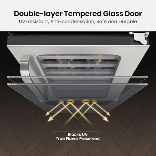 Image of 15 inch Wine Fridge Cooler 33 Bottles Wine Refrigerator Under Counter with Glass Door 3 LED Built-in or Freestanding Fridge Adjustable Shelves for Home Bar Kitchen 3.0 cu.ft