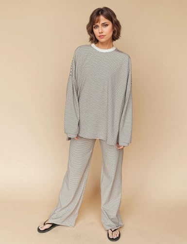 Image of MISSACTIVER Women's 2 Piece Striped Lounge Set Long Sleeve Oversized T-Shirt Wide Leg Pants Matching Pajamas Set